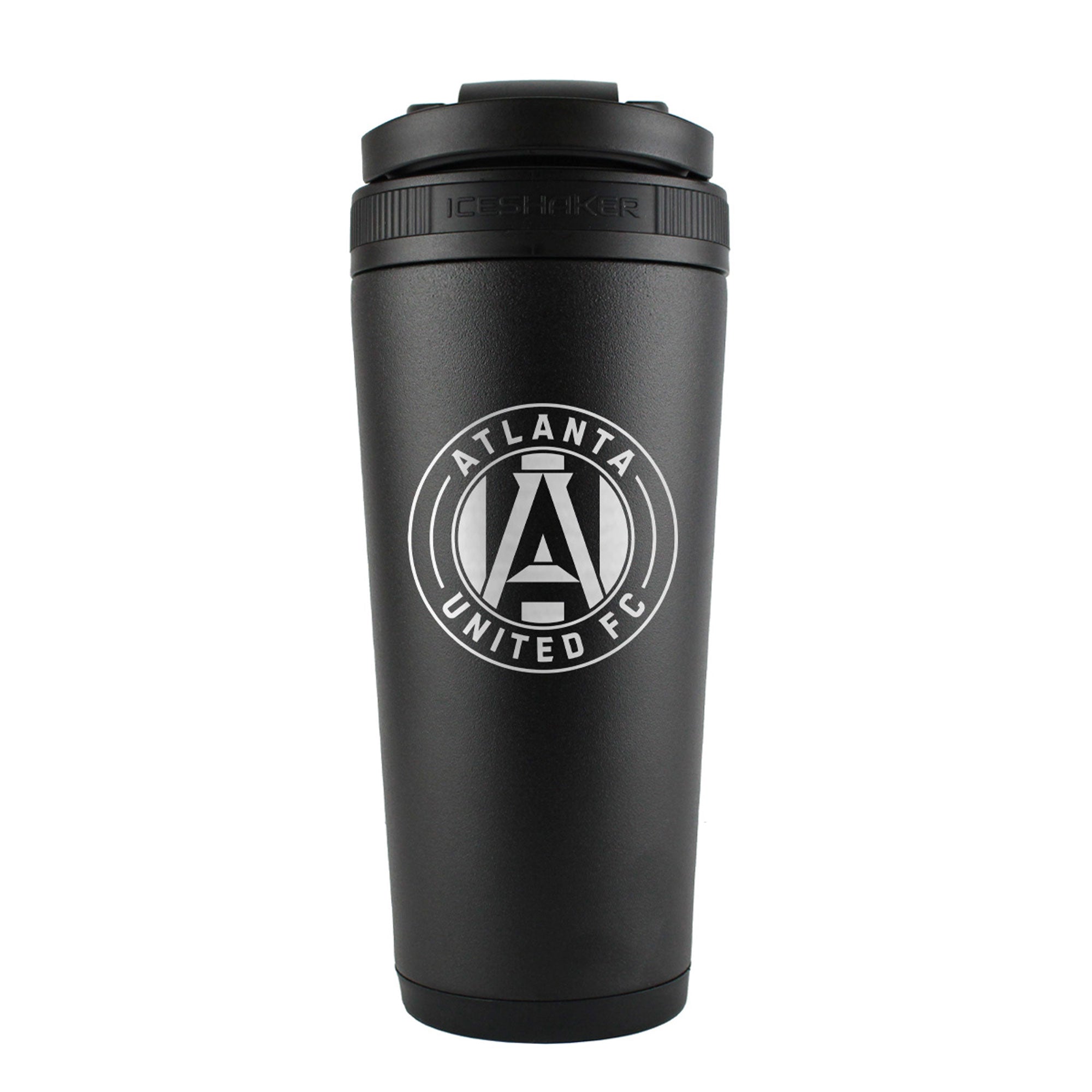 The back of a Black 26oz Ice Shaker Bottle engraved with the Official MLS Atlanta United FC Logo