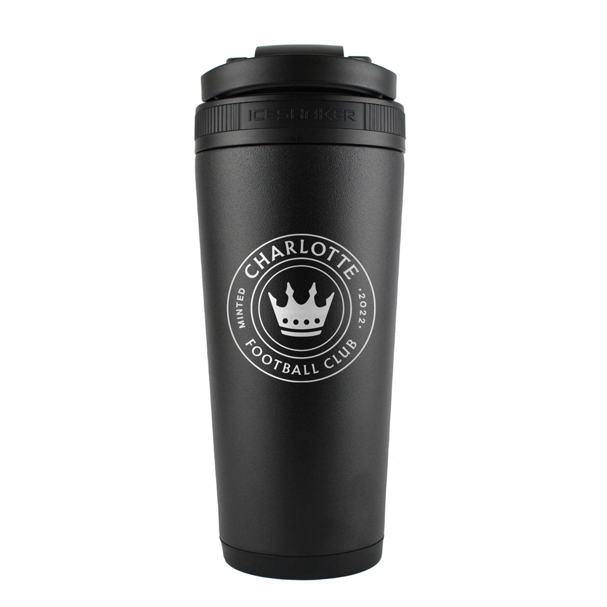 The back of a Black 26oz Ice Shaker engraved with the Official MLS minted Charlotte FC 2022 logo