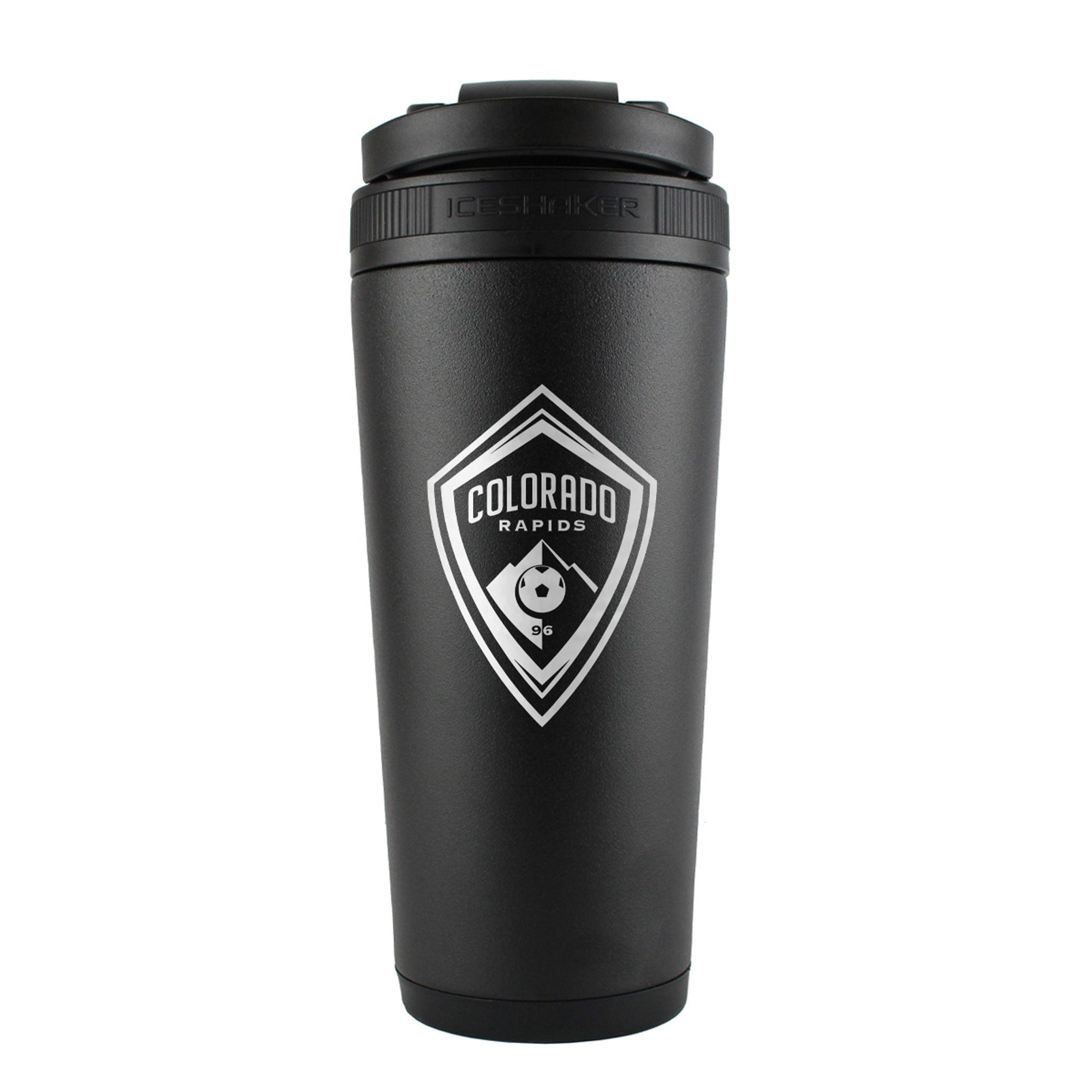 the back of a black 26oz gym shaker bottle engraved with the Official MLS Colorado Rapids FC logo