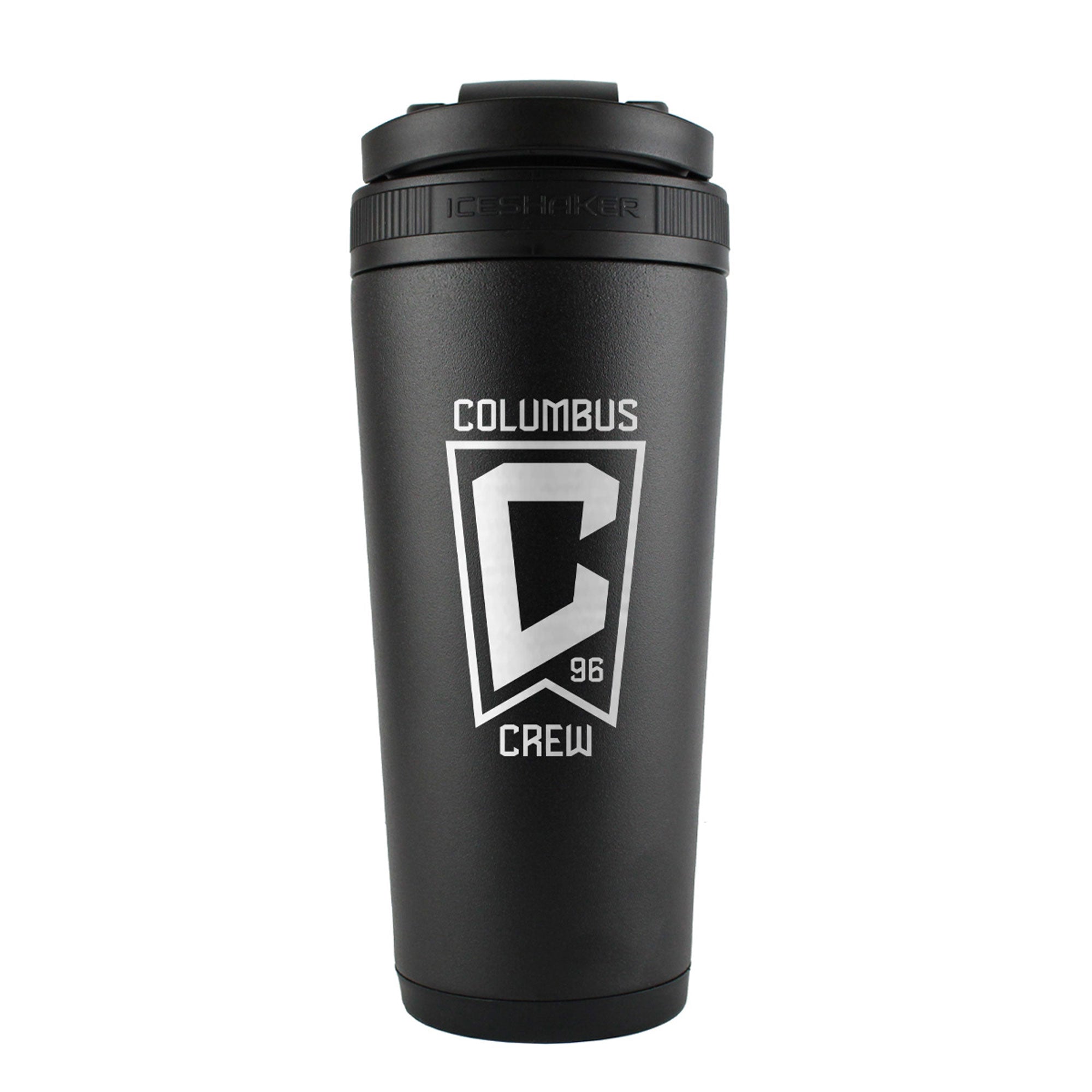 the back of a black 26oz gym shaker bottle engraved with the Official MLS Columbus Crew logo