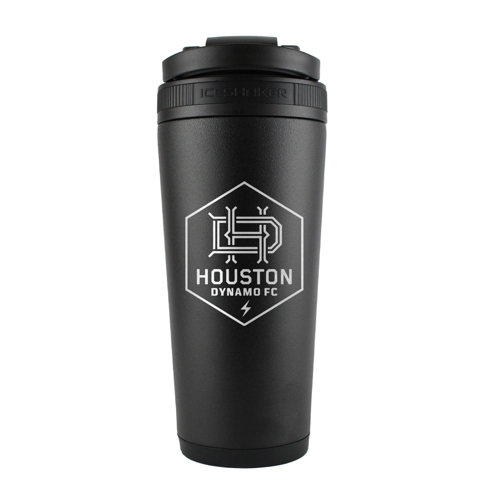 the back of a black 26oz ice shaker water bottle engraved with the official MLS Houston Dynamo FC logo