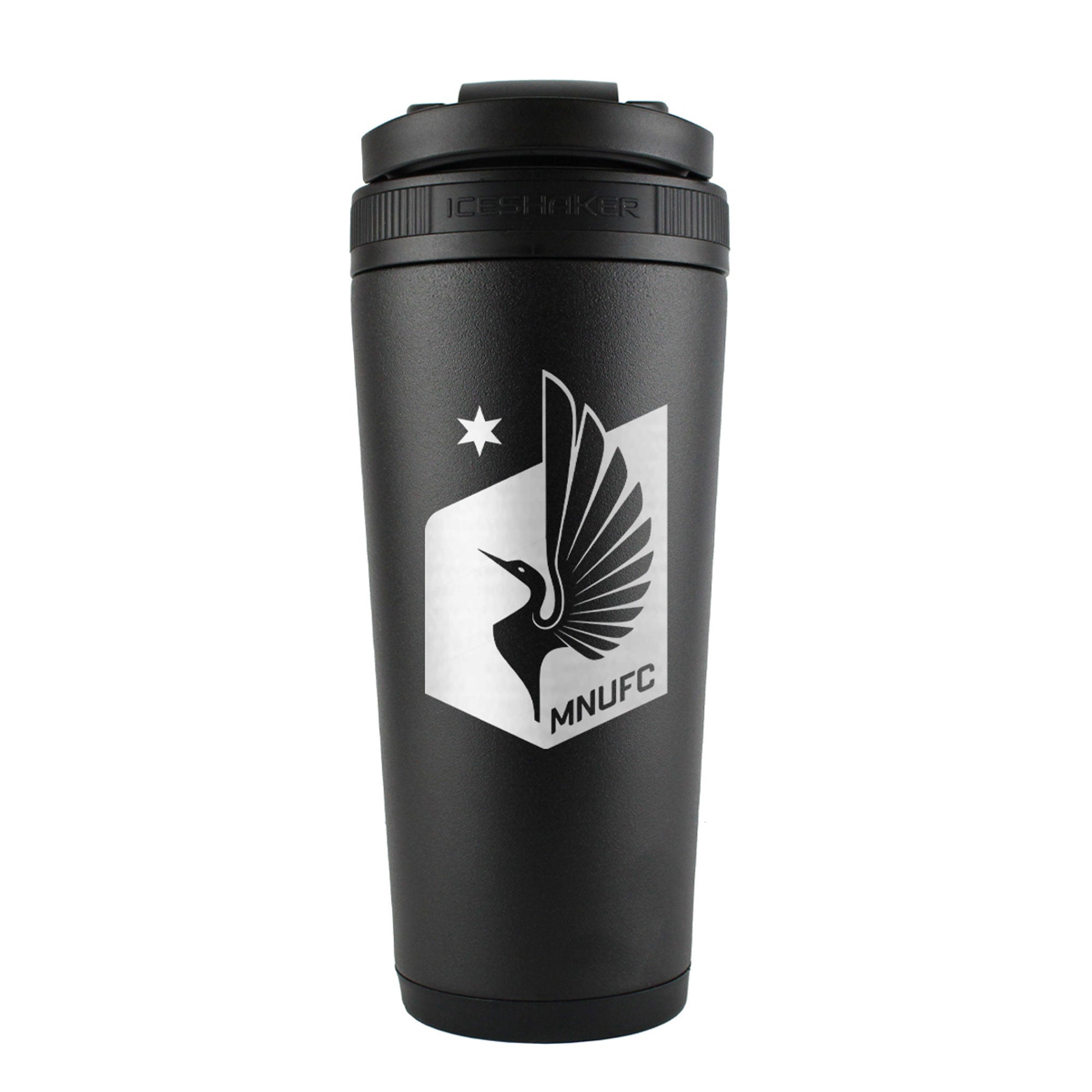 the back of a black 26oz ice shaker water bottle engraved with the official MLS Minnesota United FC logo