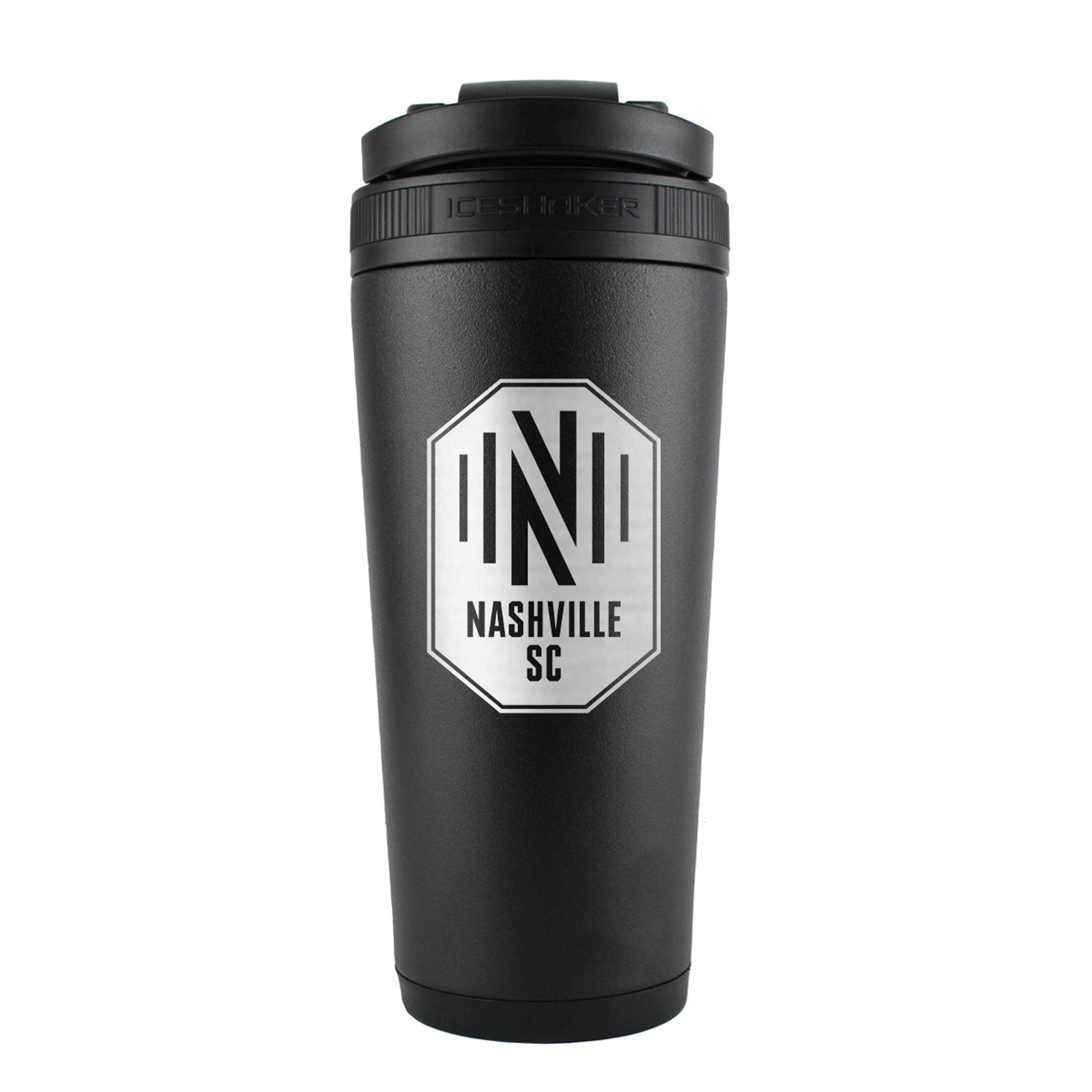 the back of a black 26oz ice shaker water bottle engraved with the official MLS Nashville SC logo