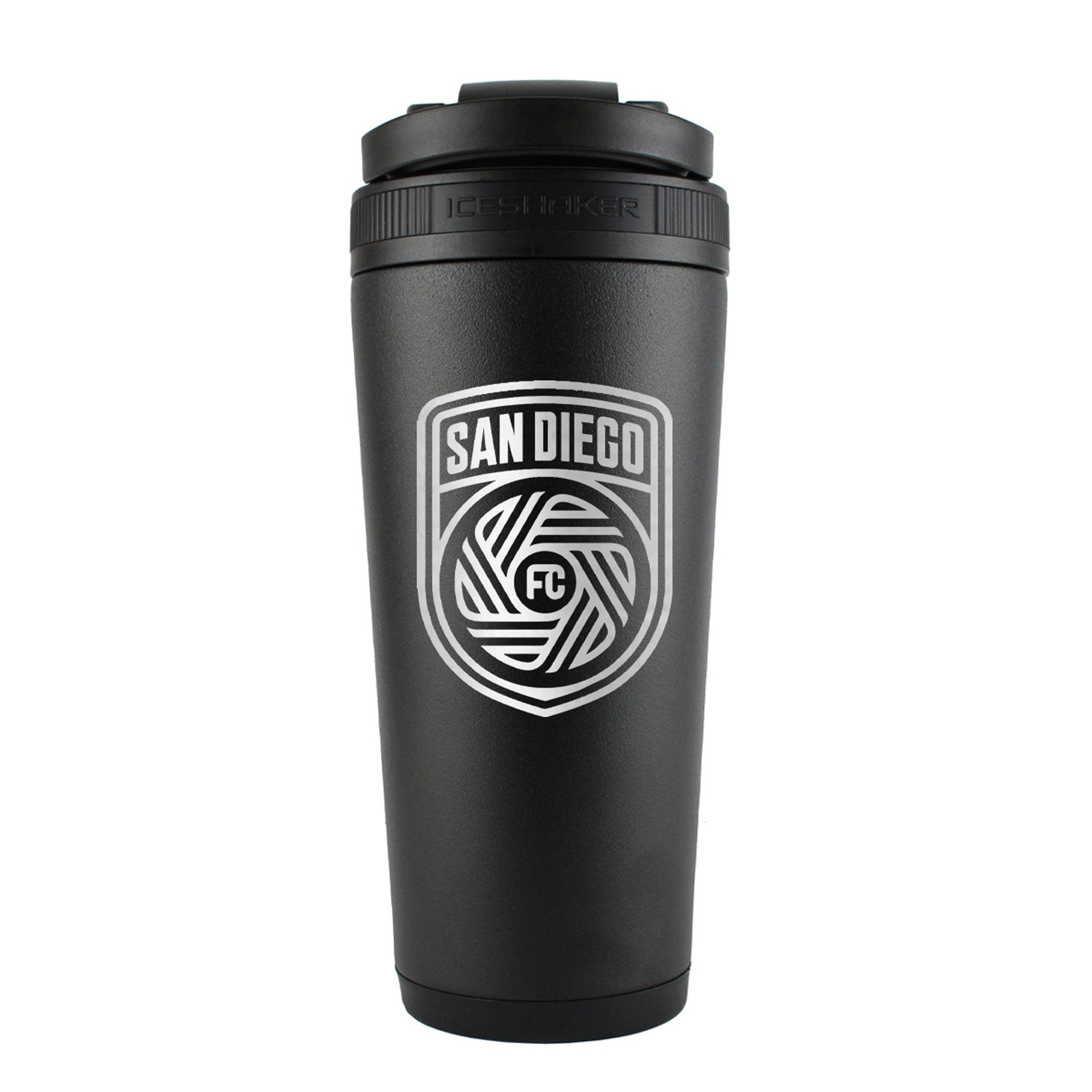 the back of a black 26oz ice shaker water bottle engraved with the official MLS San Diego FC logo