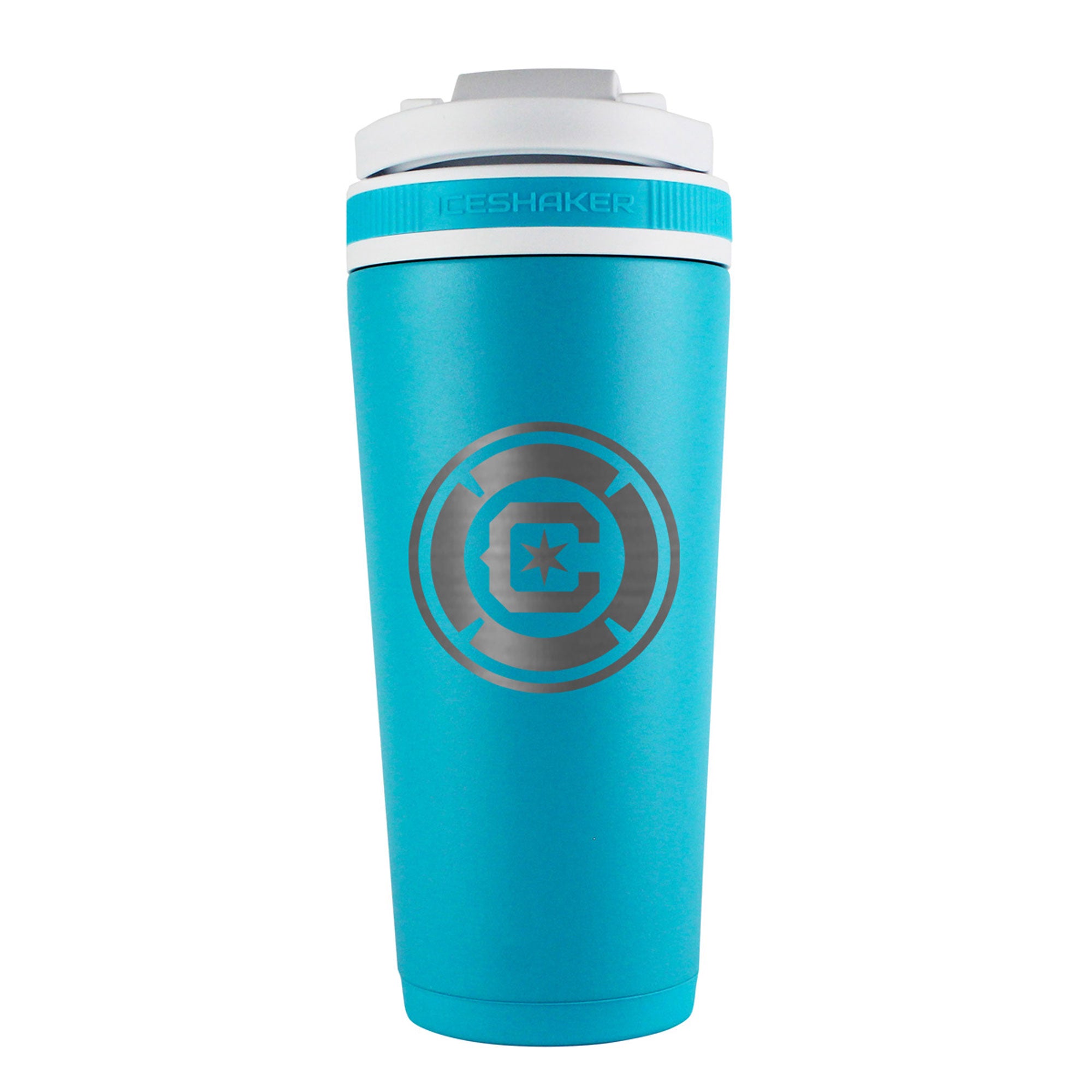 the back of a Caribbean blue 26 oz ice shaker water bottle engraved with the official MLS Chicago Fire logo