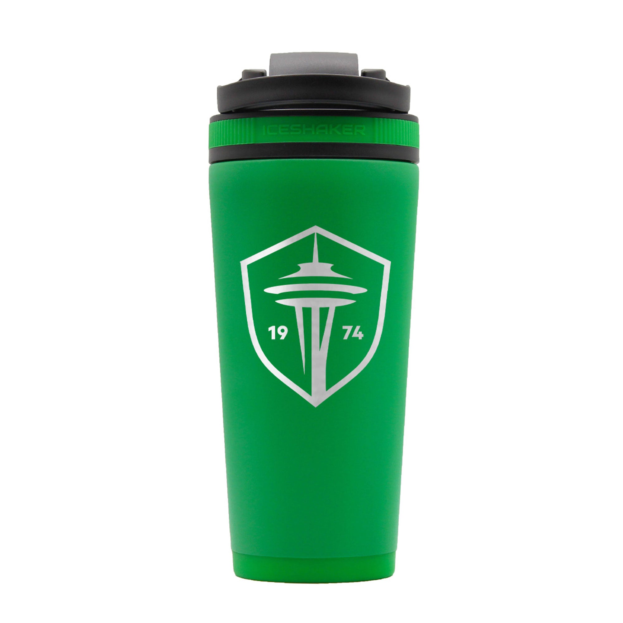 the back of a dragon green 26oz ice shaker water bottle engraved with the official MLS Seattle Sounders logo