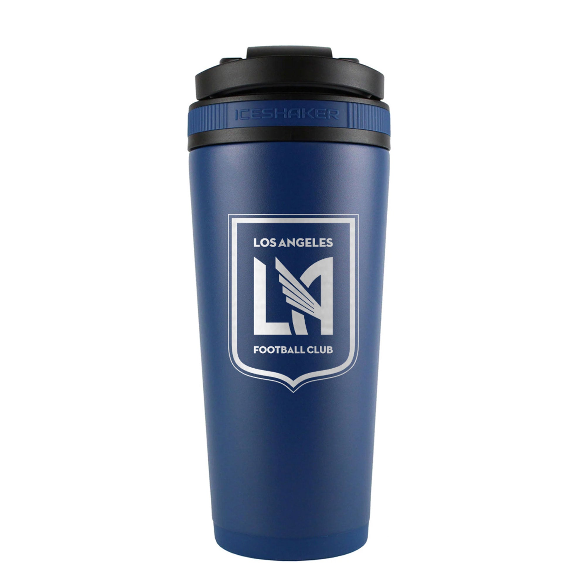 the back of a navy 26oz ice shaker water bottle engraved with the official MLS Los Angeles Football Club logo