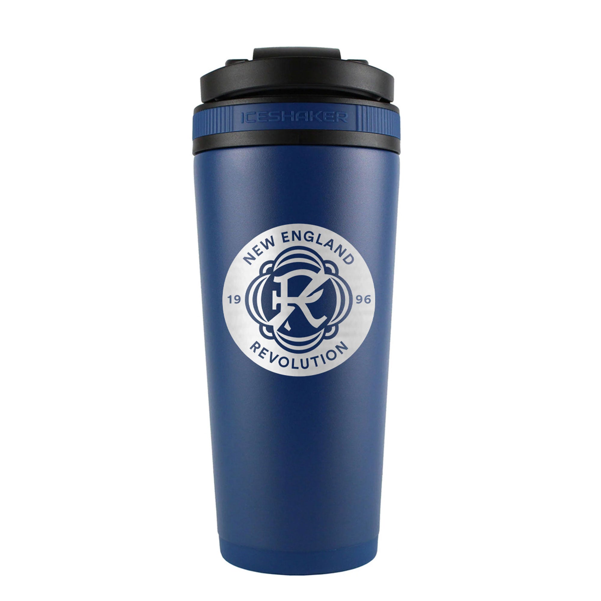 the back of a navy 26oz ice shaker water bottle engraved with the official MLS New England Revolution logo