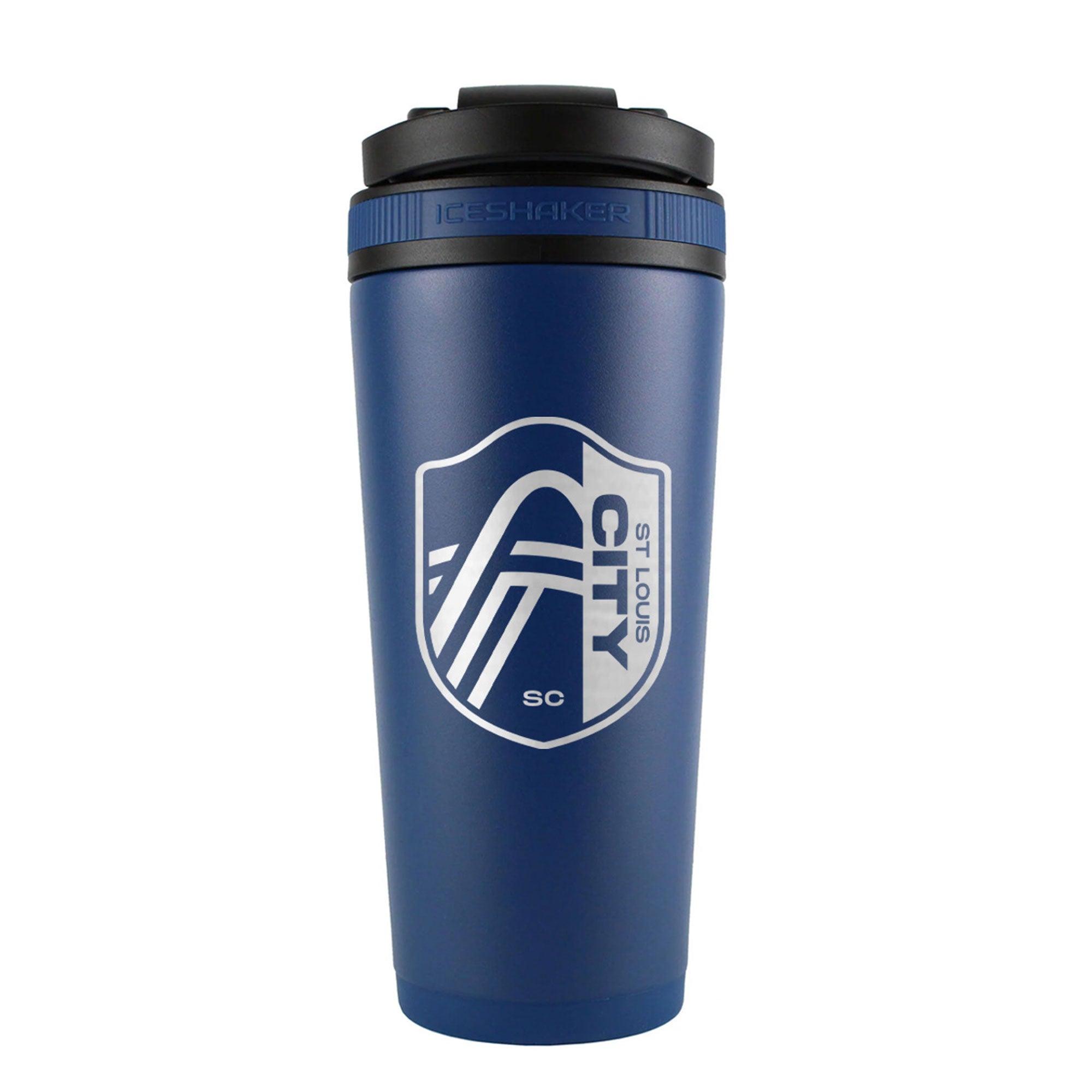 the back of a navy 26oz ice shaker water bottle engraved with the official MLS St. Louis City SC logo