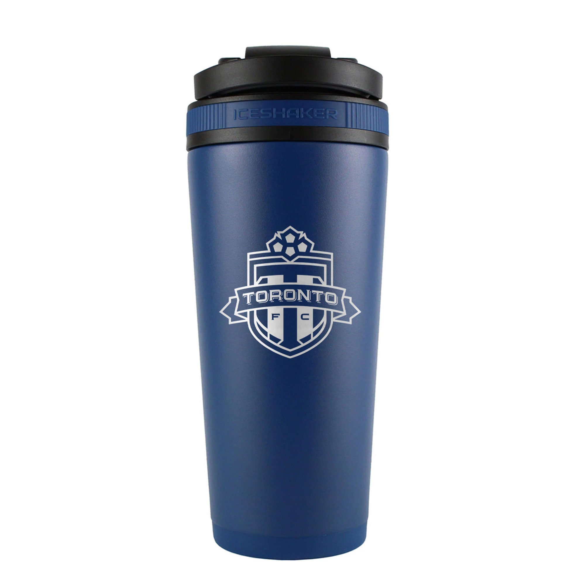 the back of a navy 26oz ice shaker water bottle engraved with the official MLS Toronto FC logo