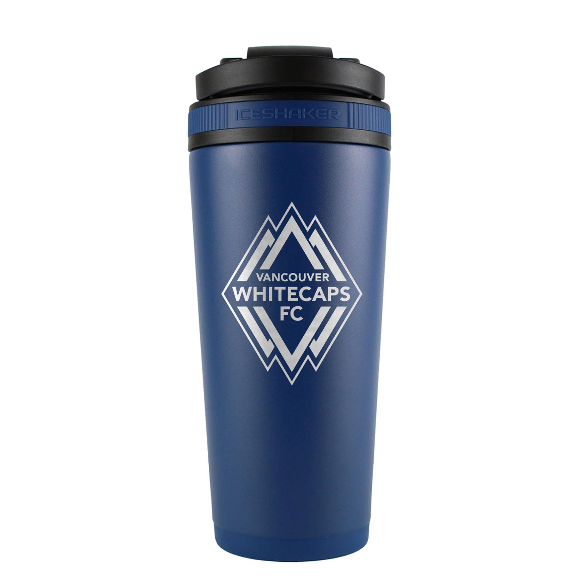 the back of a navy 26oz ice shaker water bottle engraved with the official MLS Vancouver Whitecaps FC logo