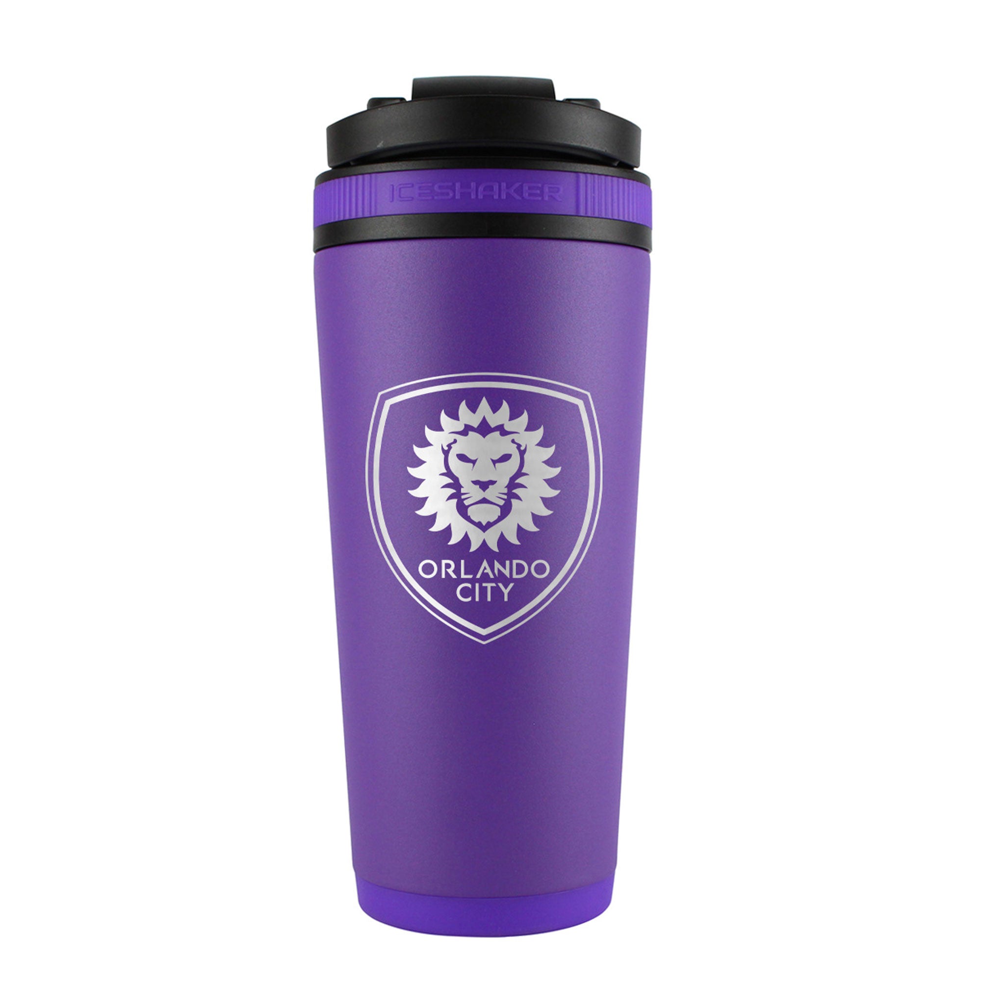 the back of a purple 26oz ice shaker water bottle engraved with the official MLS Orlando City SC logo