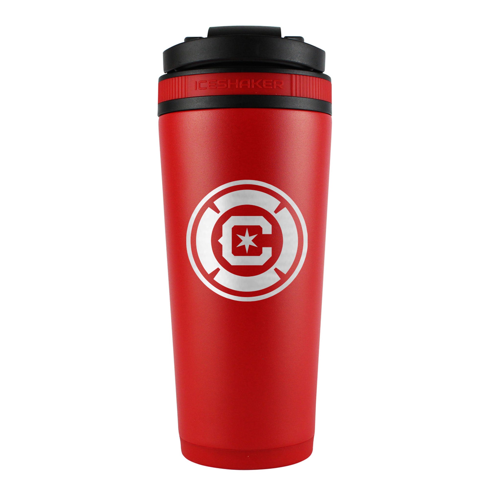 the back of a red 26oz ice shaker water bottle engraved with the official MLS Chicago Fire logo