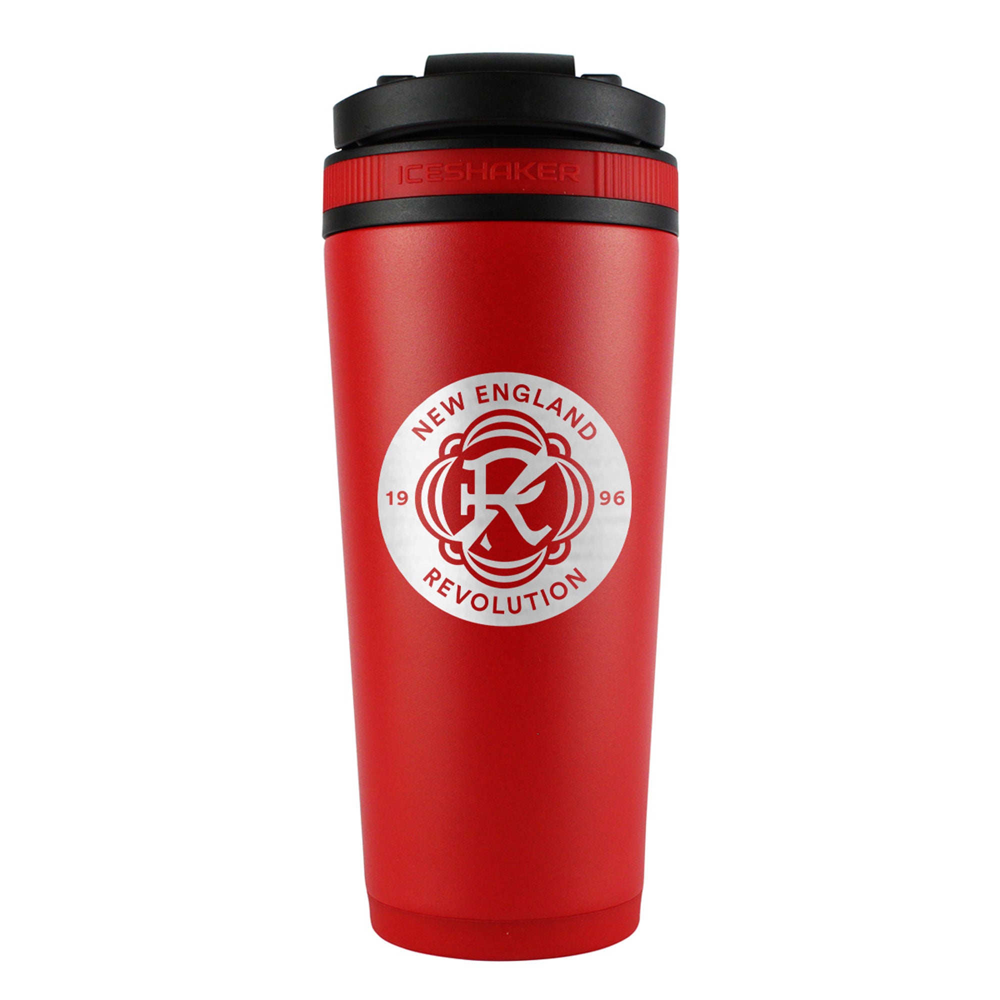 the back of a red 26oz ice shaker engraved with the official MLS New England Revolution logo