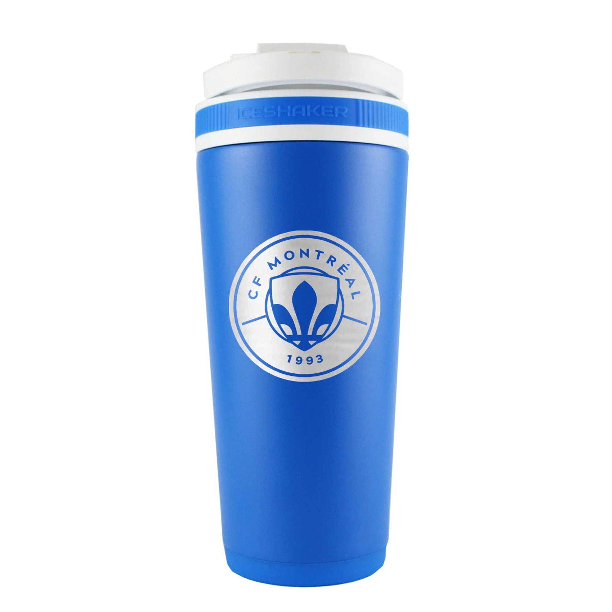 The back of a Royal Blue 26oz Stainless Steel Ice Shaker water bottle engraved with the Official MLS CF Montreal 1993 logo