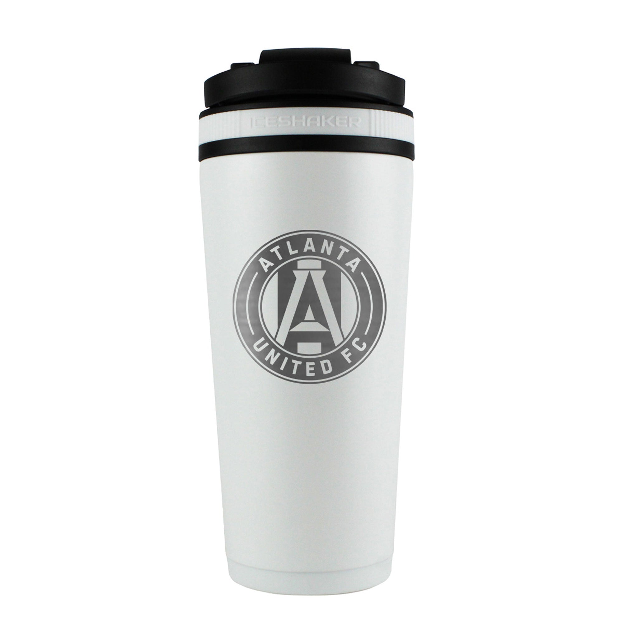 The back of a White 26oz Ice Shaker Protein Shaker Bottle engraved with the Official MLS Atlanta United FC logo