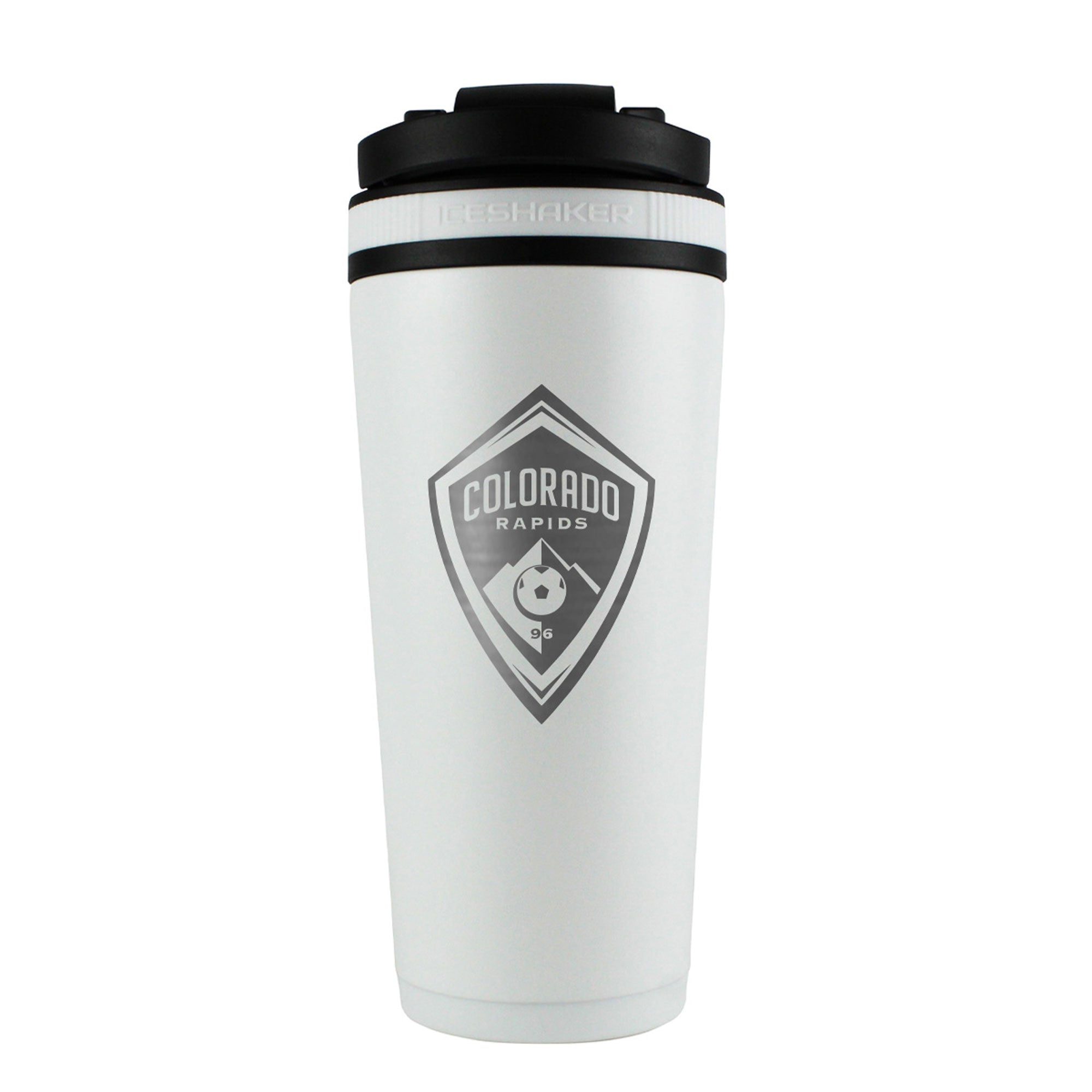 The back of a White 26oz Ice Shaker Bottle engraved with the official MLS Colorado Rapids FC logo.