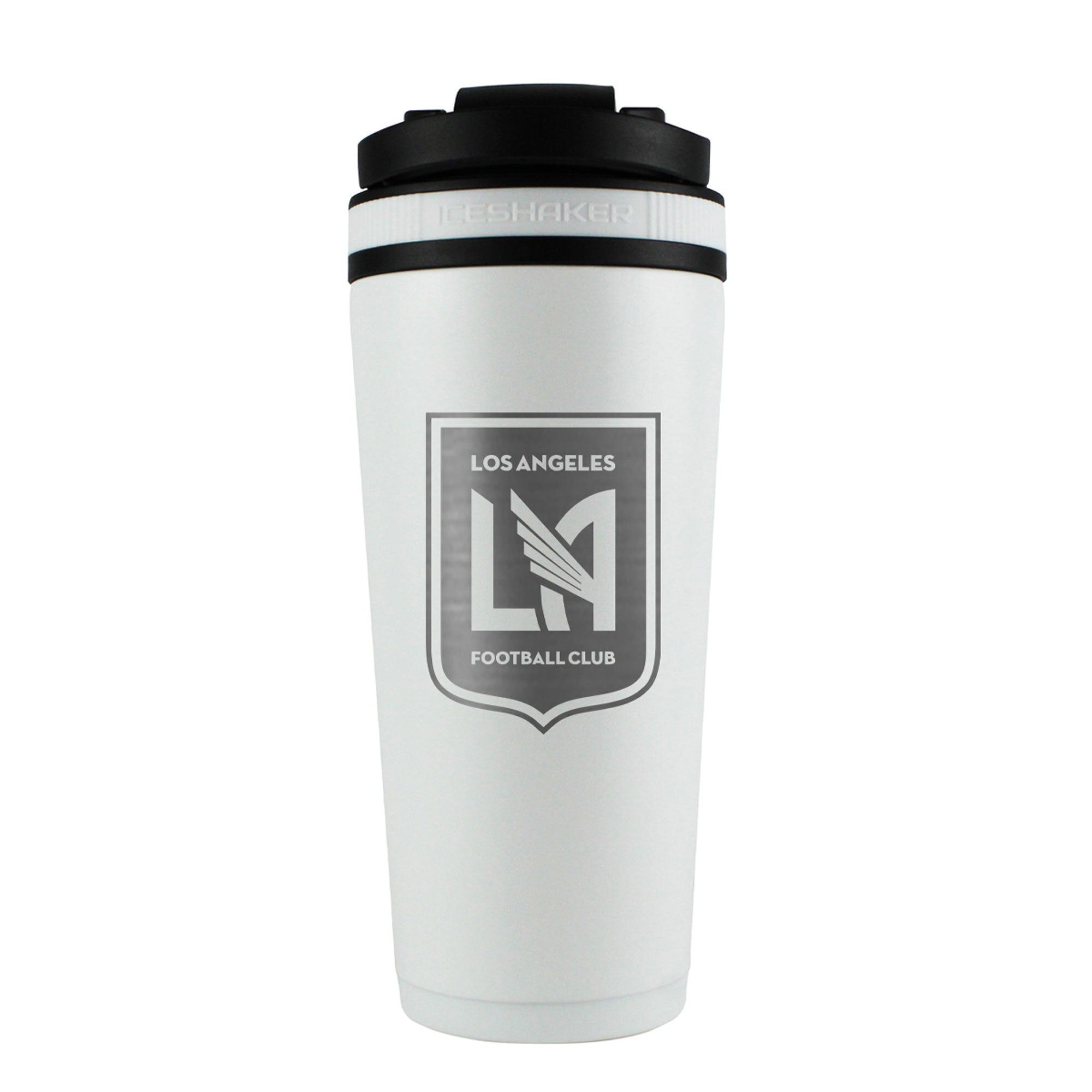 the back of a white 26oz ice shaker water bottle engraved with the official MLS Los Angeles Football Club logo