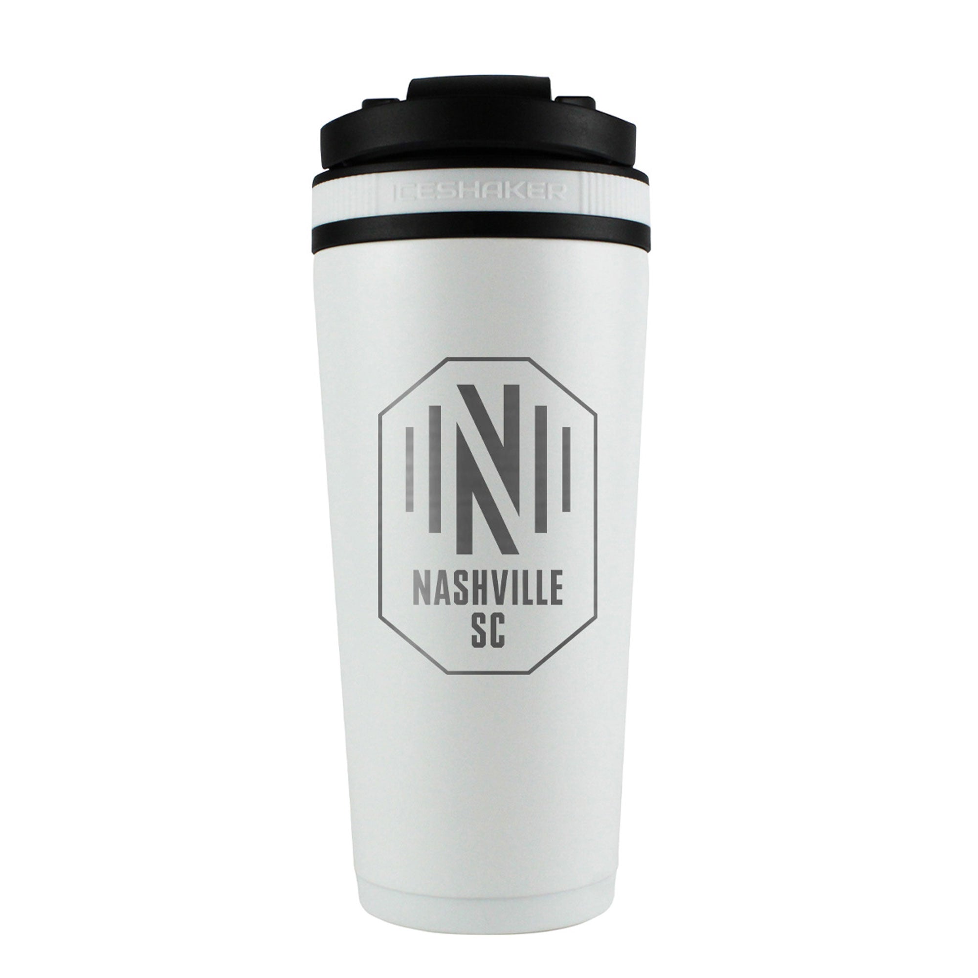 the back of a white 26oz ice shaker water bottle engraved with the official MLS Nashville SC logo