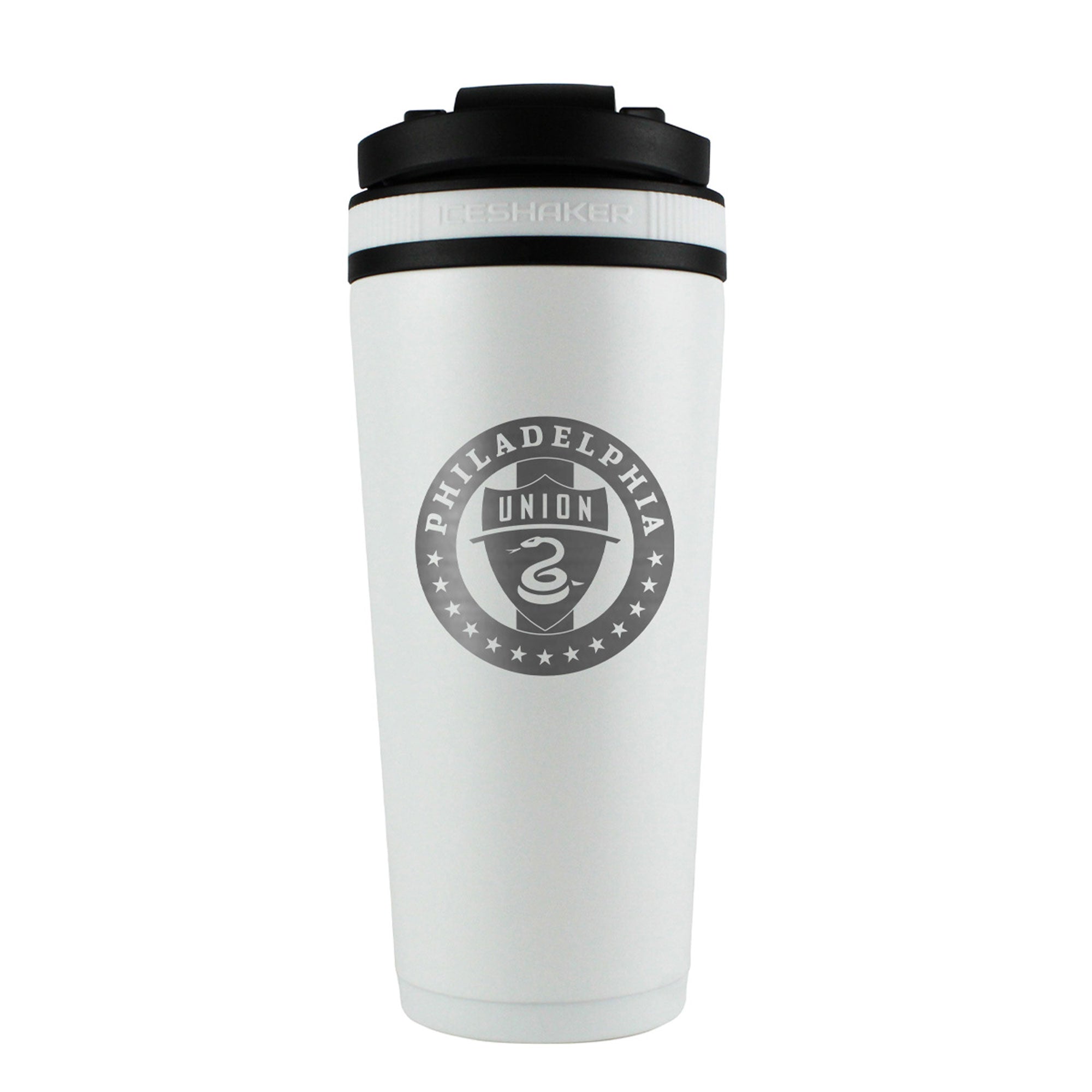 the back of a white 26oz ice shaker water bottle engraved with the official MLS Philadelphia Union logo