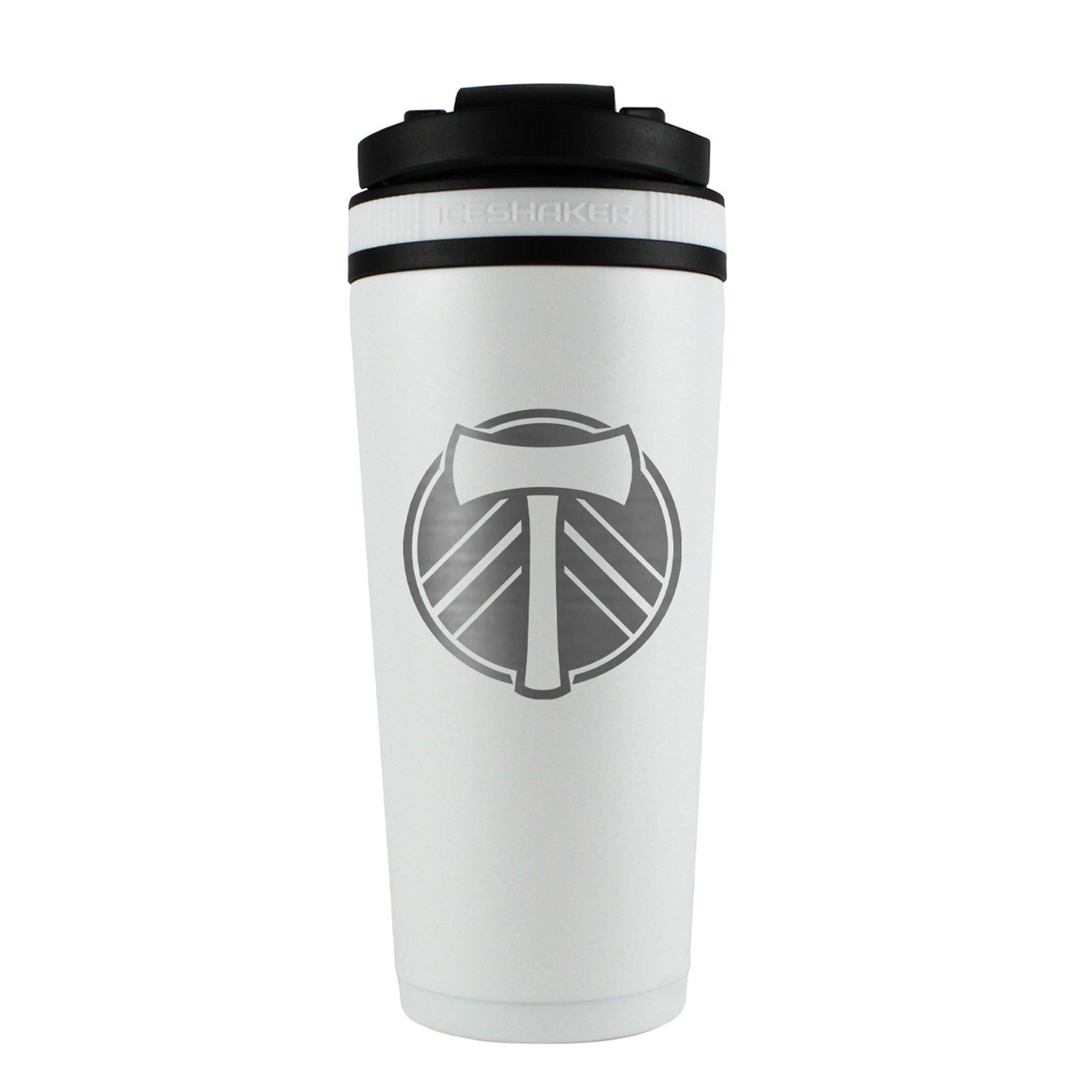 the back of a white 26oz ice shaker water bottle engraved with the official MLS Portland Timber logo