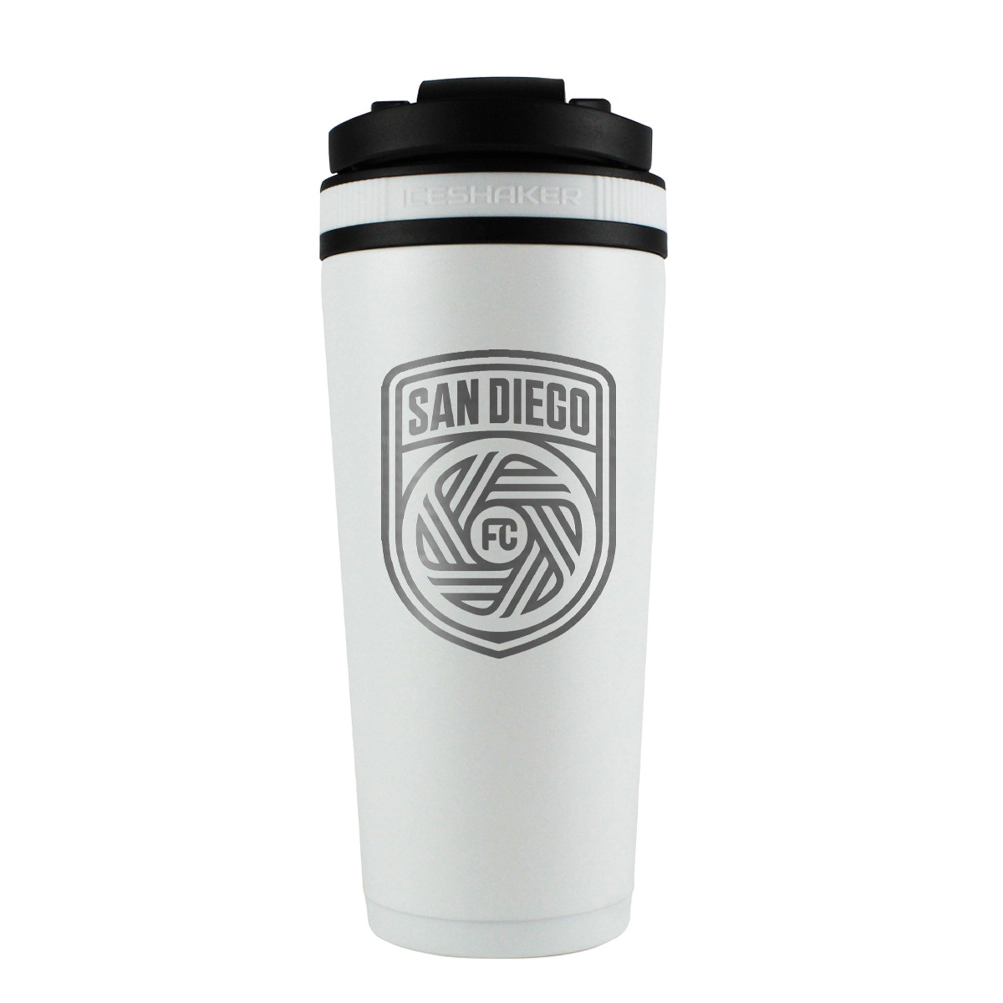 the back of a white 26oz ice shaker water bottle engraved with the official MLS San Diego FC logo