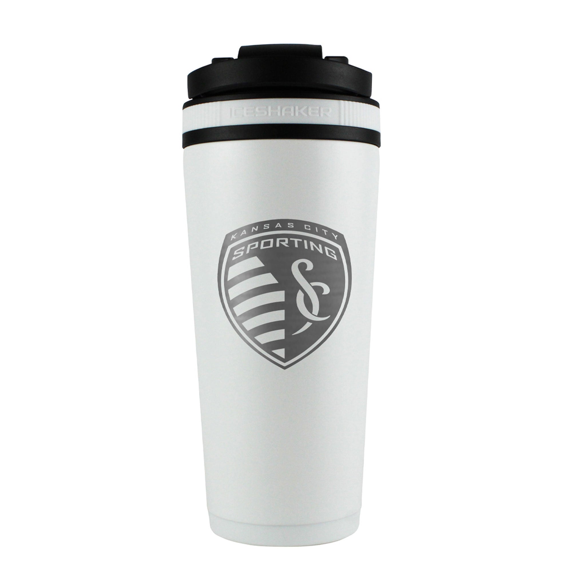 the back of a white 26oz ice shaker water bottle engraved with the official MLS Sporting Kansas City logo.