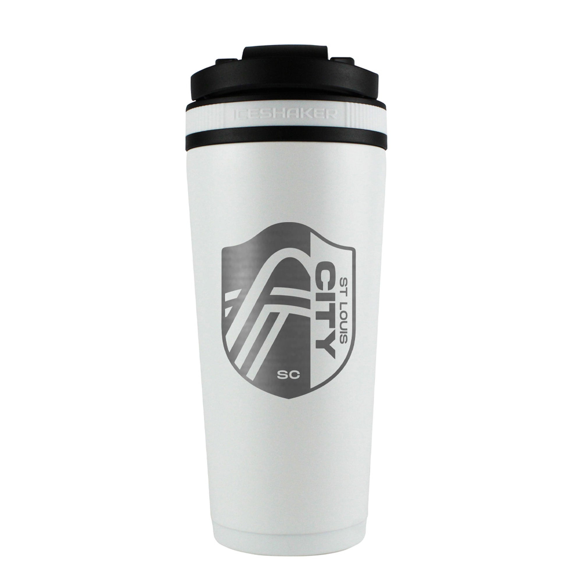 the back of a white 26oz ice shaker water bottle engraved with the official MLS St. Louis City SC logo