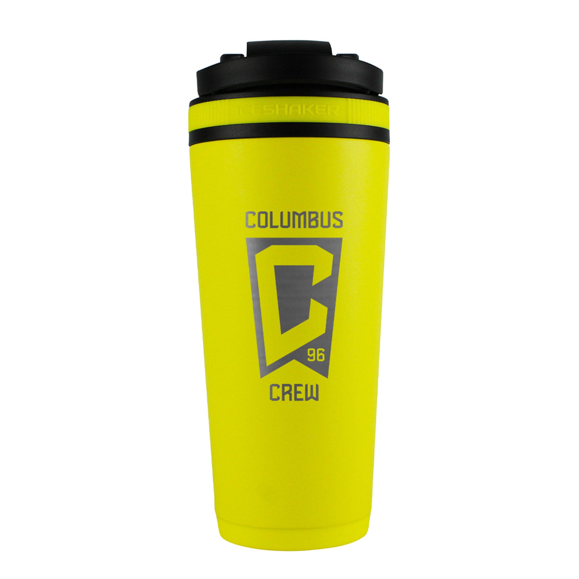 the back of a yellow 26oz ice shaker gym bottle engraved with the official MLS Columbus Crew FC logo