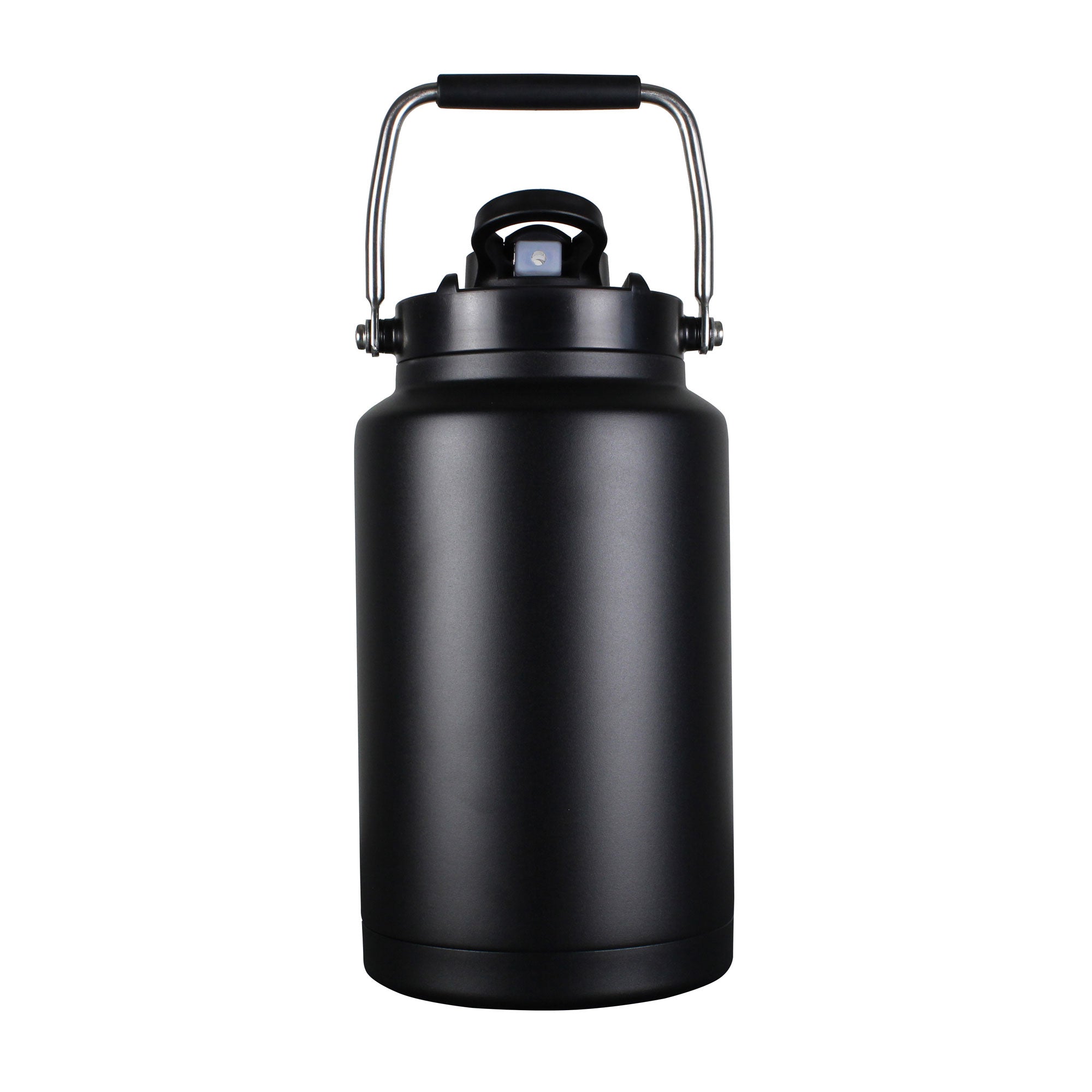 The back of a black Ice Shaker One Gallon Jug. There is a metal handle built into the lid that is in the up position. 
