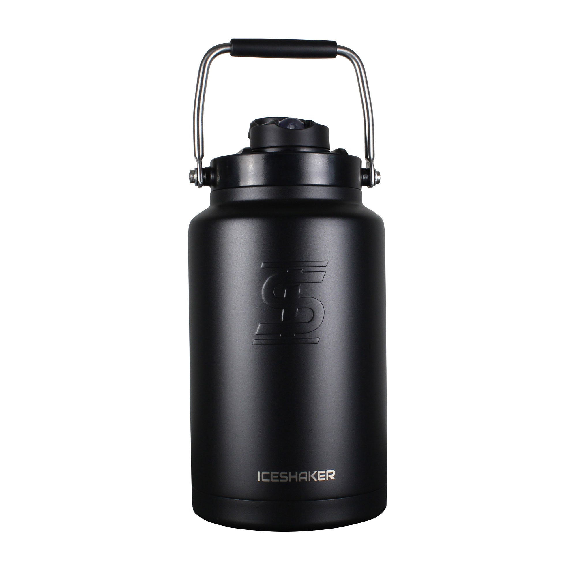 The front of a black Ice Shaker One Gallon Jug. There is a metal handle built into the lid that is in the up position. 