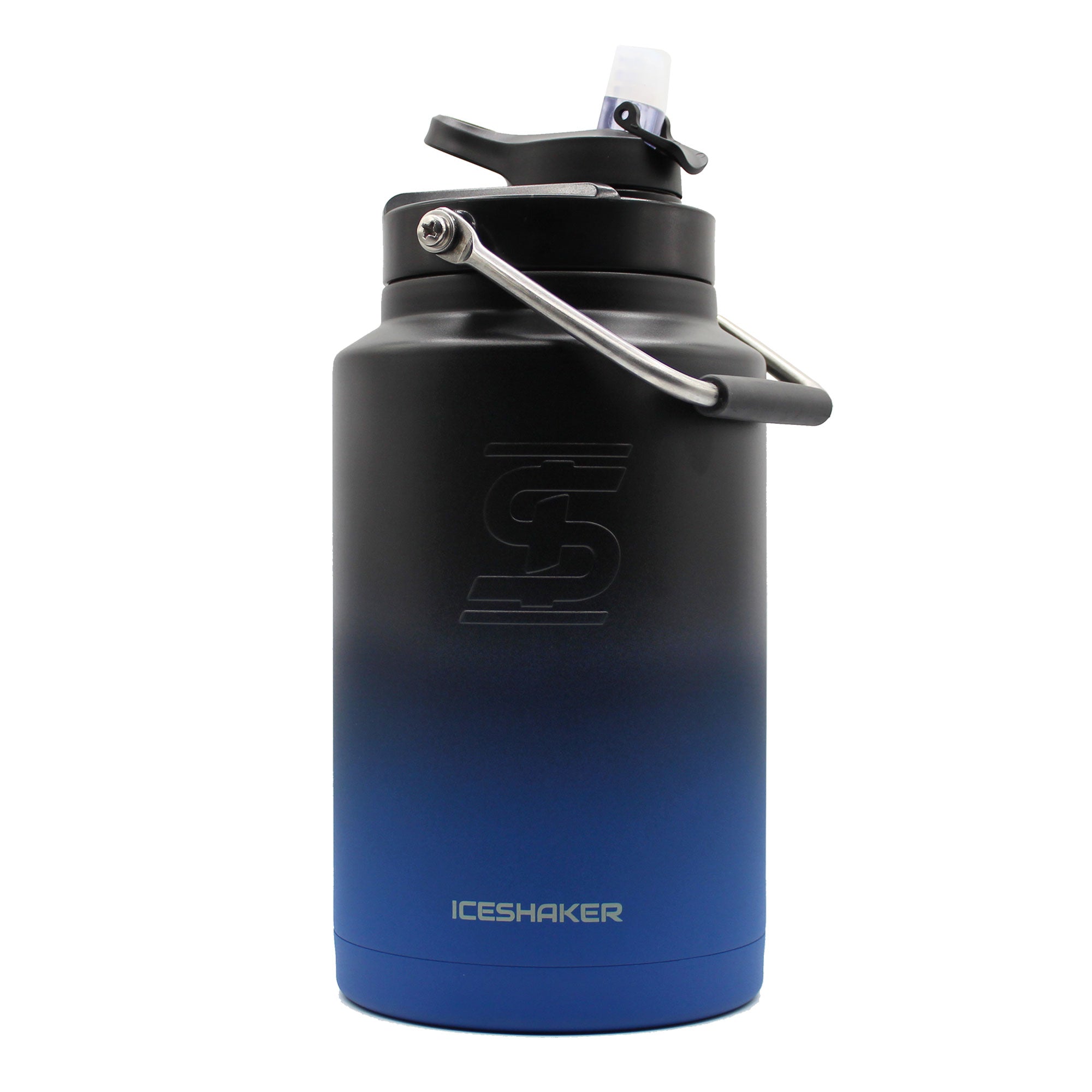 Ice Shaker's Navy Black Ombre One Gallon Jug with the Lid on showing the drinking spout in the up position. The handle is down in it's resting position.