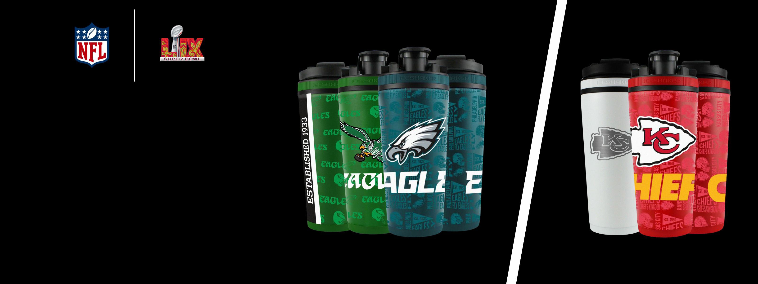 NFL Super Bowl LIX Kansas City Chiefs and Philadelphia Eagles Shaker Bottles.