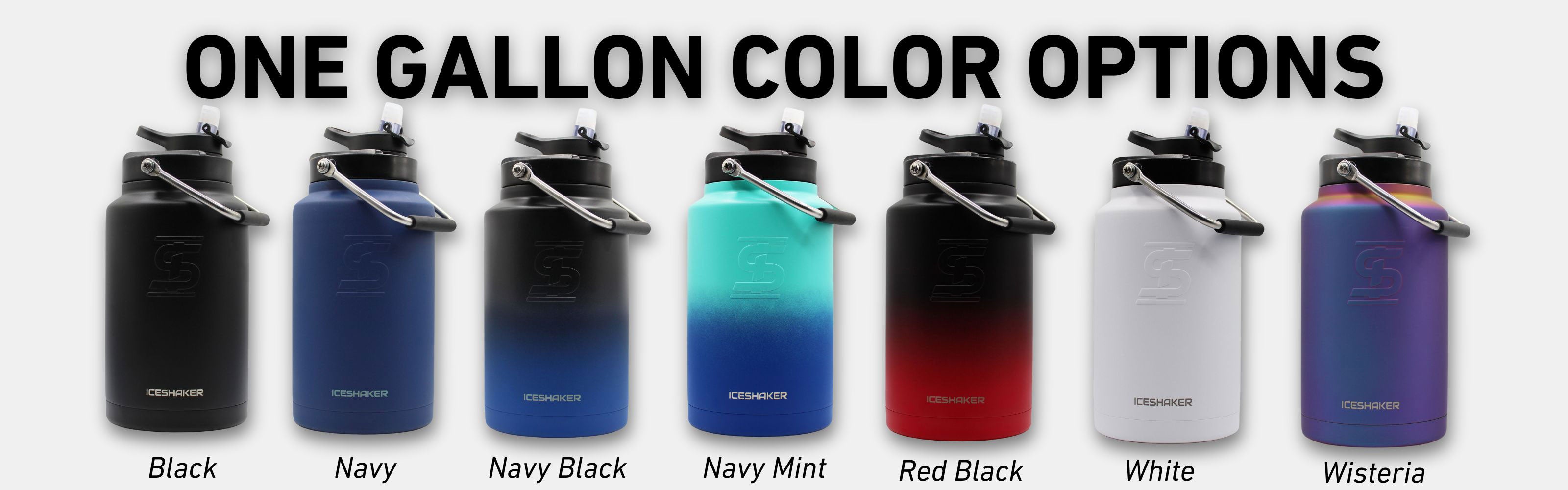 one gallon jug color options: black, navy, navy black ombre, navy mint ombre, red black ombre, white, and wisteria.