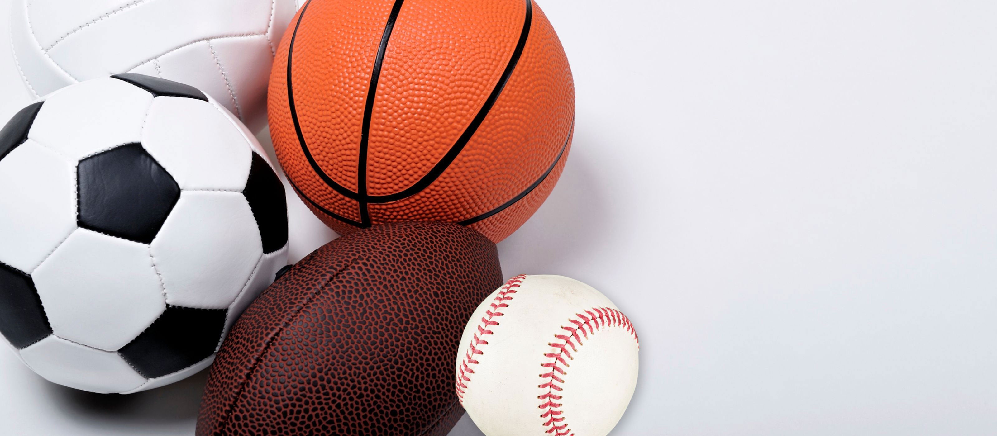 a group of sports balls (basketball, soccer ball, baseball, football, & volleyball) grouped together on a white background